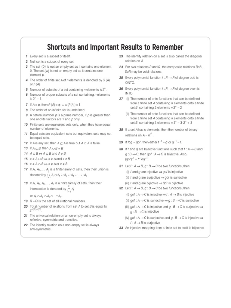 Shortcuts and Important Results To Remember | PDF | Set (Mathematics ...