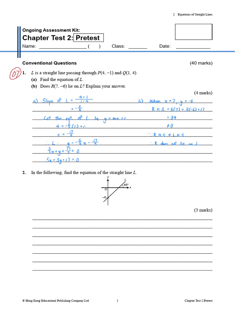 4A02 - Equations - of - Straight - Lines (PreTest) 2 | PDF | Line ...