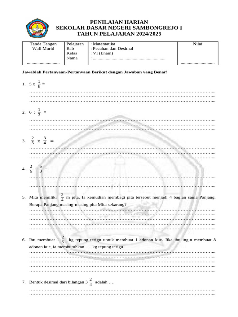 Soal Penilaian Harian Kelas 6 Matematika Pecahan Dan Desimal Pdf