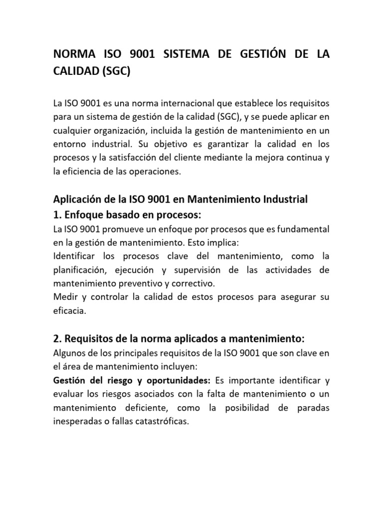 ISO 9001 en Mantenimiento Industrial | PDF | Sistema de manejo de ...
