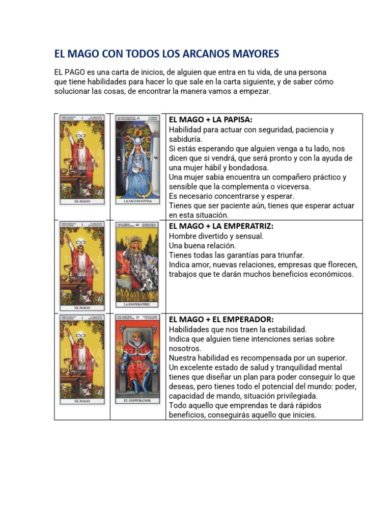 Combinaciones El Mago Con Arcanos Mayores Pdf Amor Felicidad