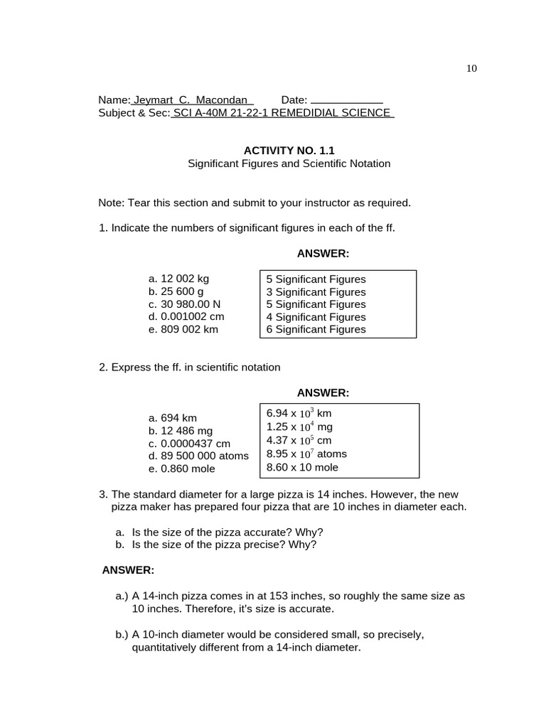 Activity 1.1 Significant Figures and Scientific Notation | PDF