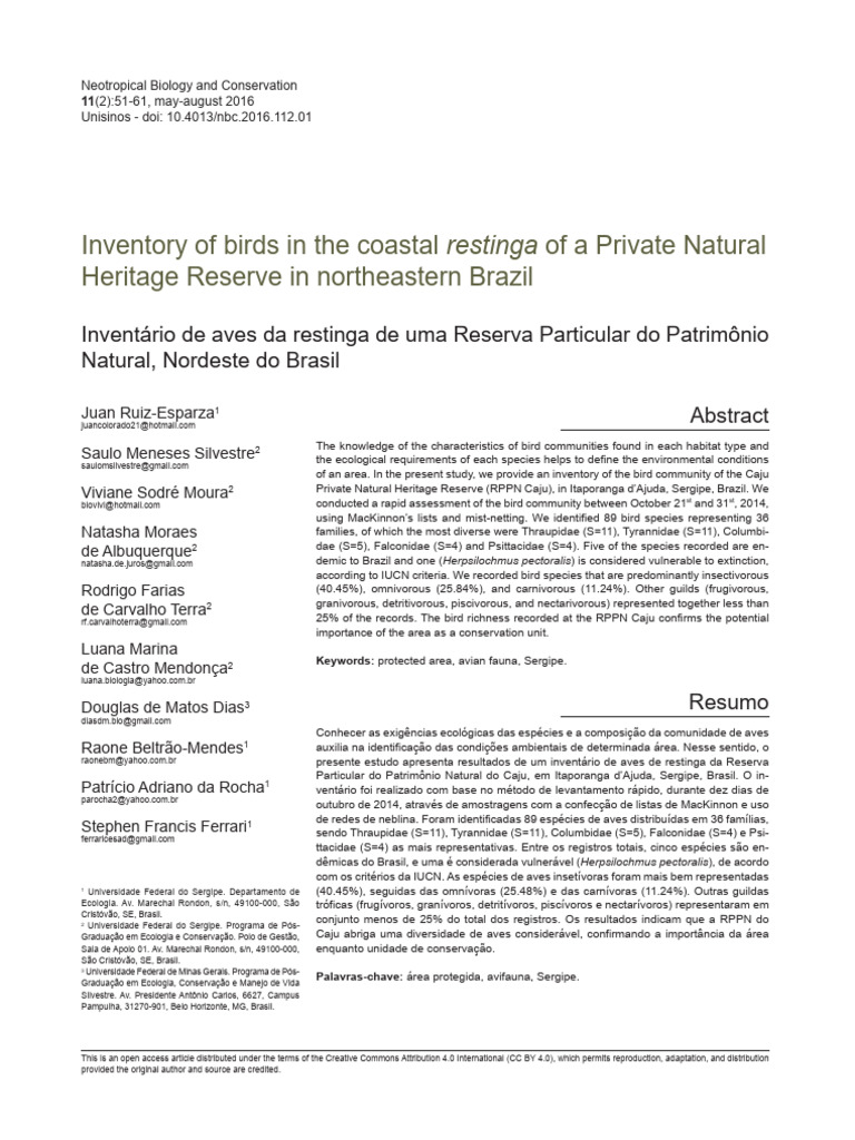 Bird Inventory in Caju Reserve, Brazil | PDF | Brazil