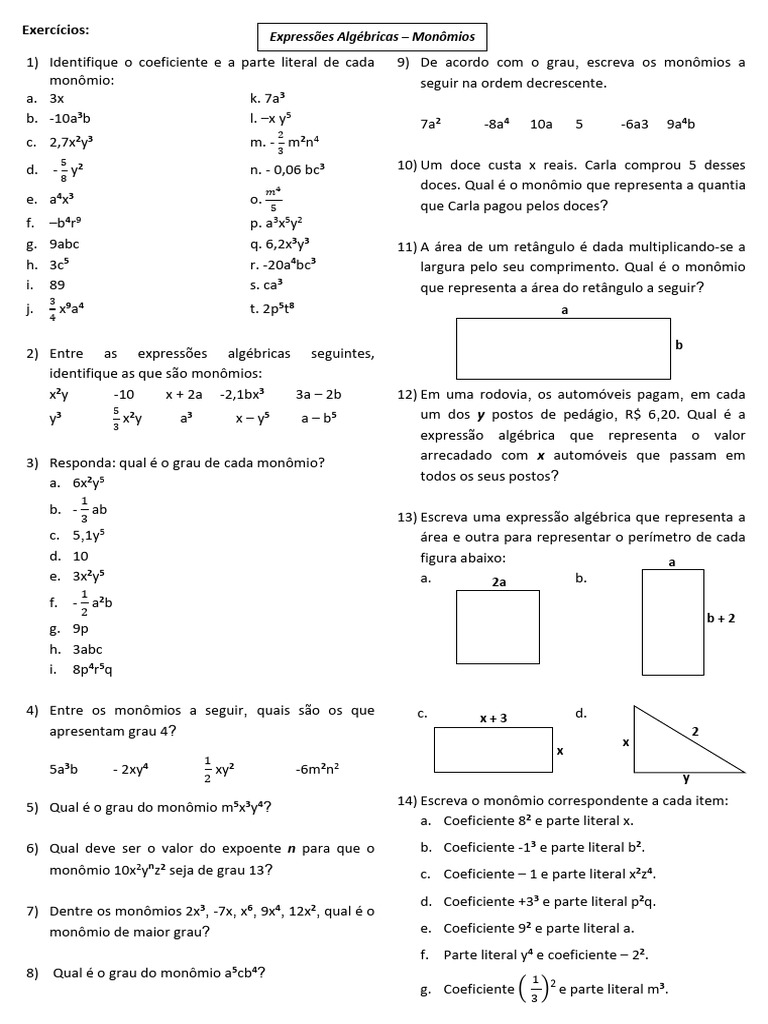 Atividades sobre Monômios e Graus | PDF | Álgebra | Álgebra abstrata