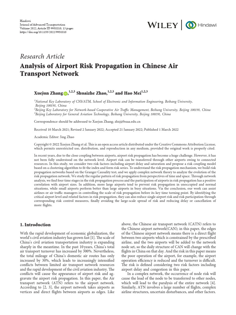 Analysis of Airport Risk Propagation in Chinese Air Transport Network ...