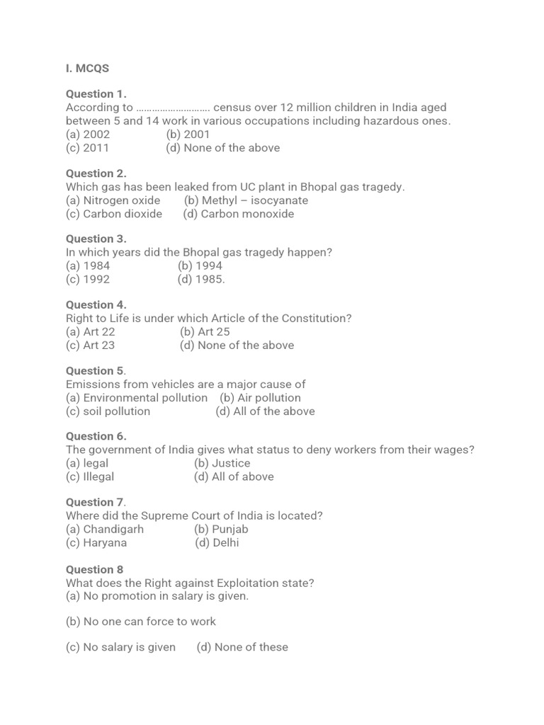 Bhopal Gas Tragedy and Workers' Rights MCQs | PDF | Human Impact On The ...
