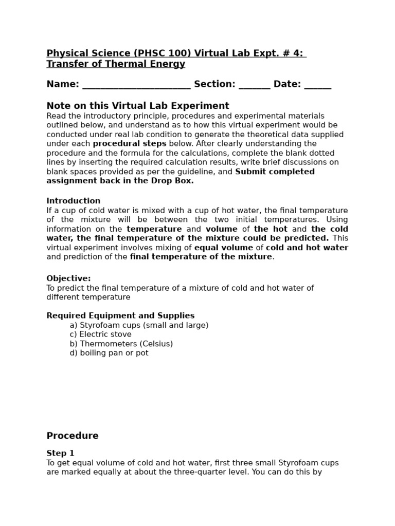 Thermal Energy Transfer Virtual Lab | PDF | Temperature | Water