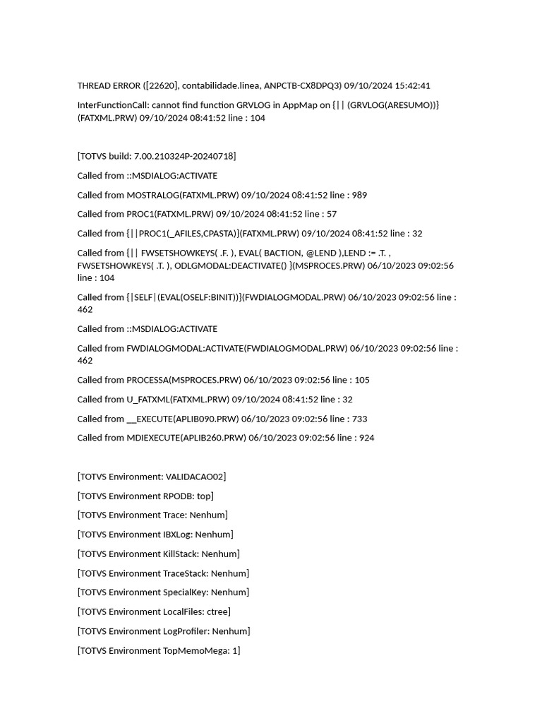 TOTVS Thread Error Analysis Report | PDF | Computer Engineering | Computing