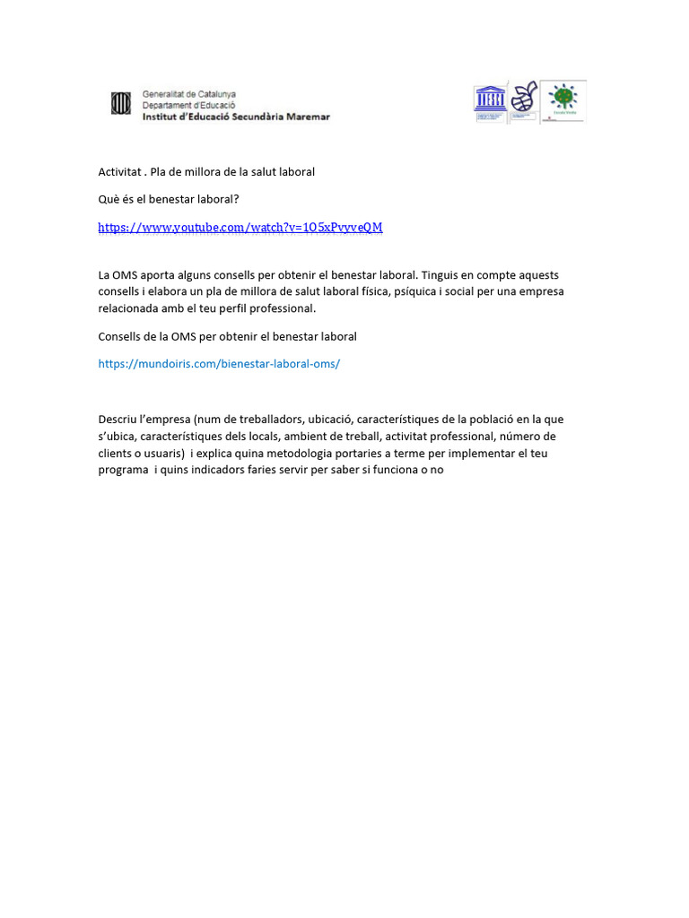 Activitat 2. Pla de Millora de La Salut Laboral | PDF
