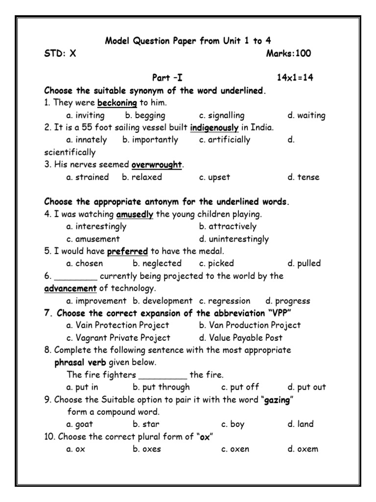 10th English Unit 1-4 Model Question Paper | PDF | Blood Cell | Blood