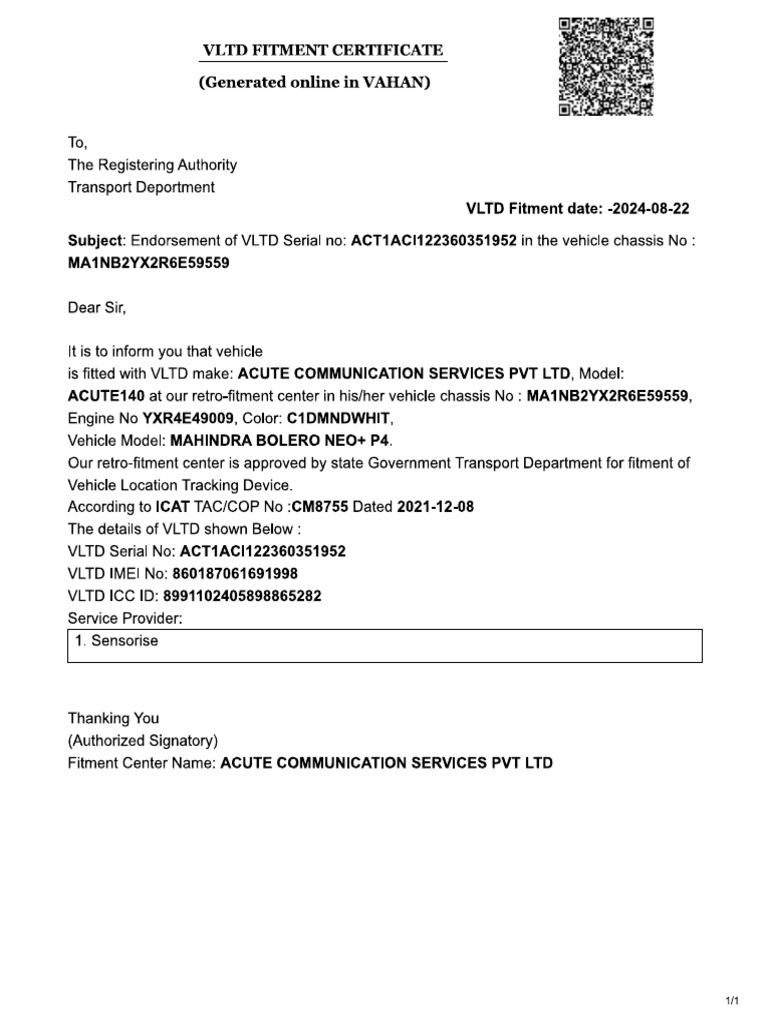 VLTD Certificate 2 | PDF