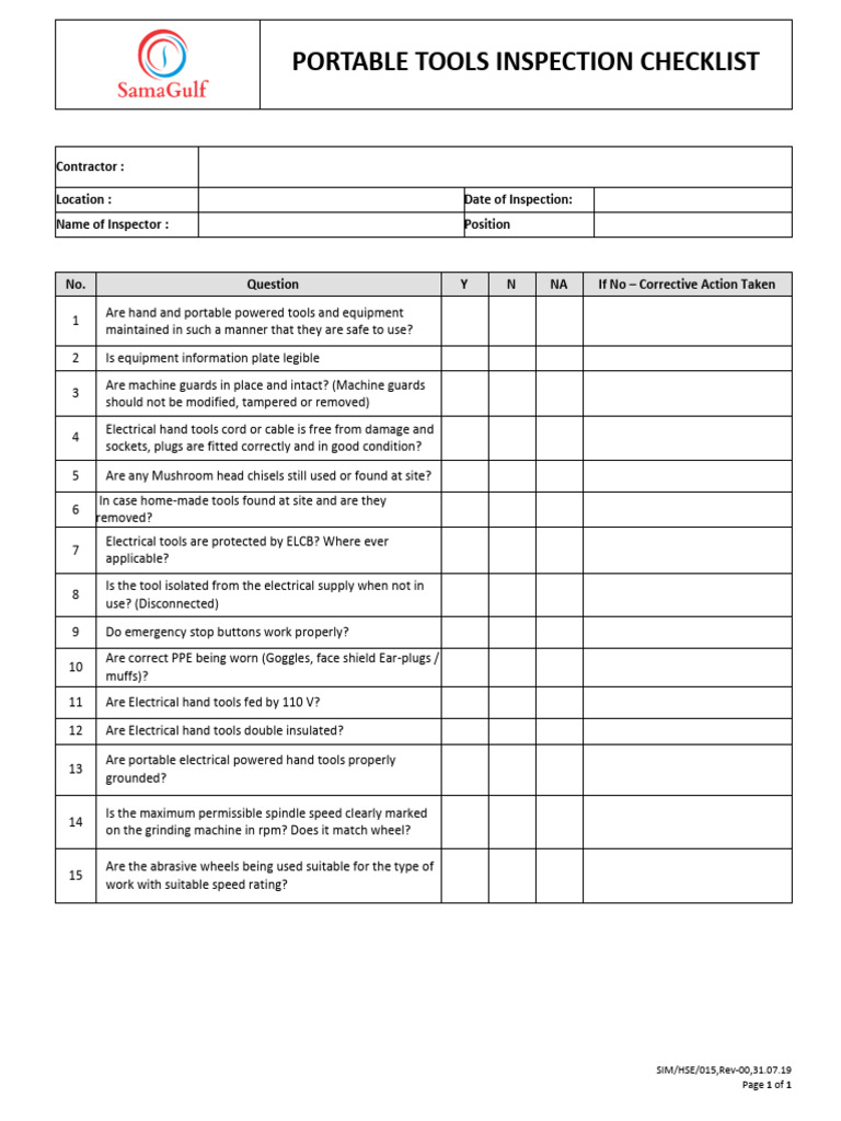 Portable Tools Inspection Checklist | PDF