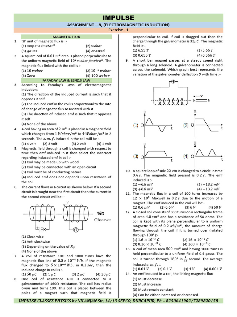 Assignment 8 Electromagnetic Induction Pdf Inductance