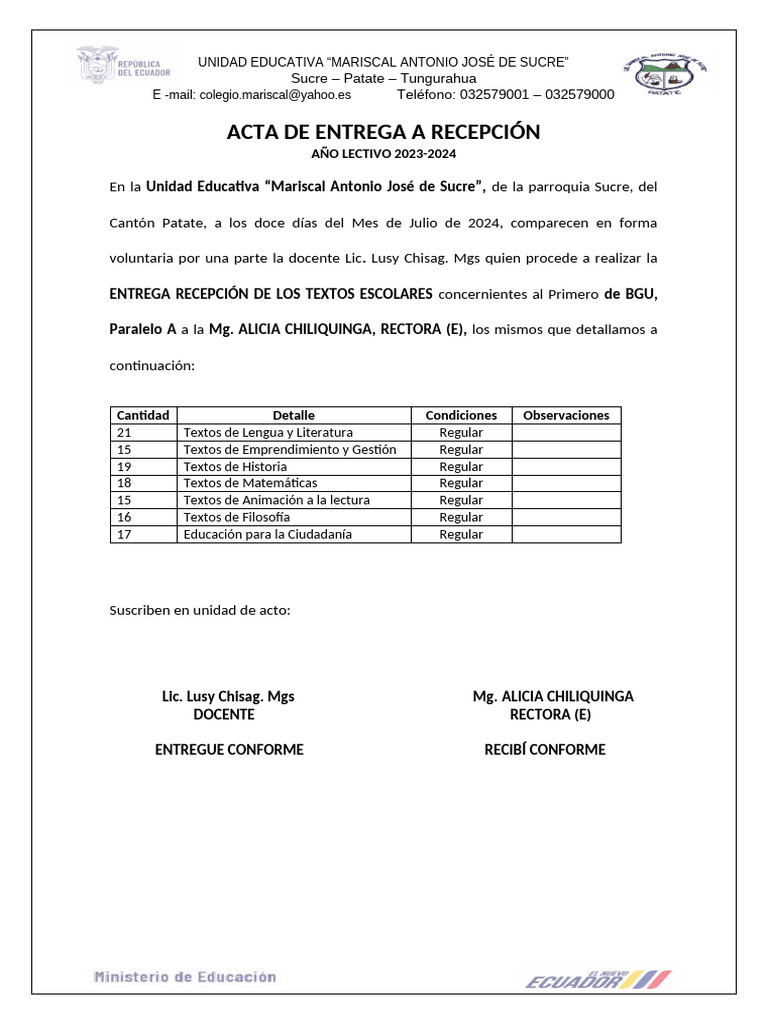ACTA DE ENTREGA A RECEPCIÓN Libros | PDF