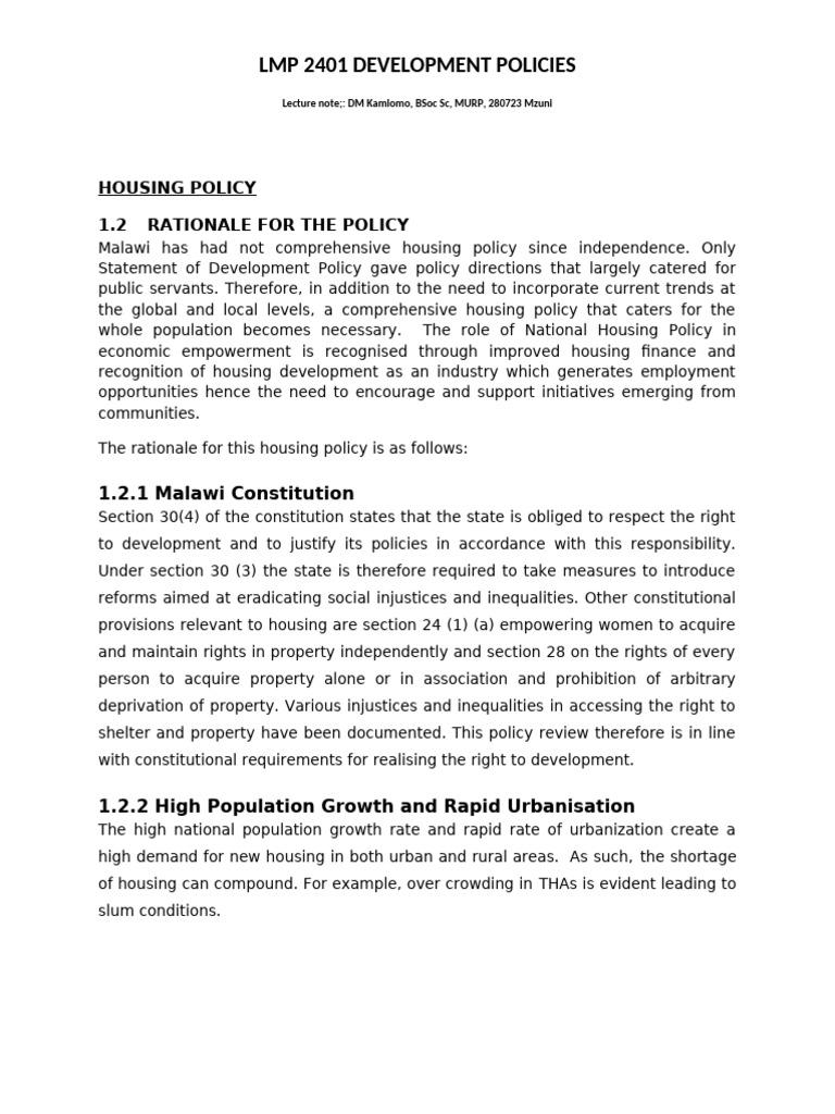 Malawi National Housing Policy Overview | PDF | Right To Housing ...