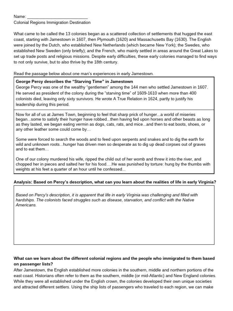 Colonial Immigration Destination Handout Abridged-1 | PDF | Jamestown ...
