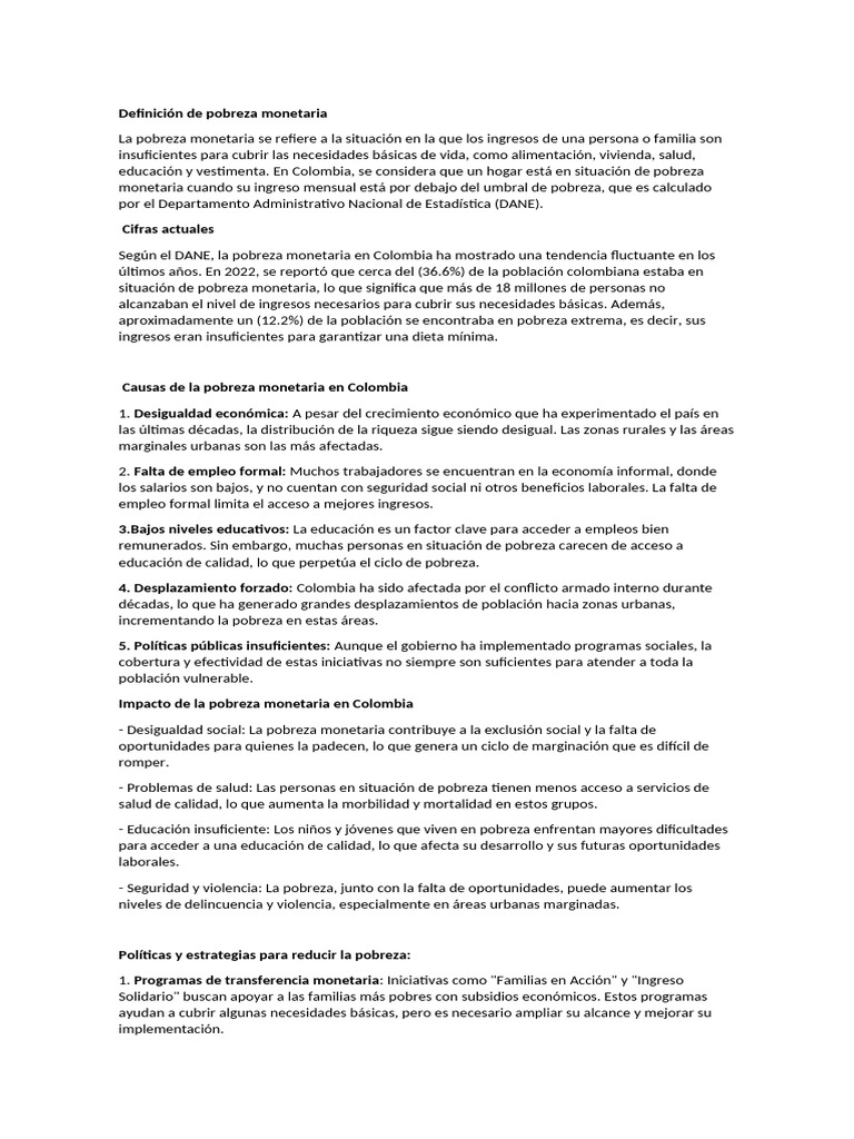 Pobreza Monetaria en Colombia: Causas y Soluciones | PDF | Pobreza ...