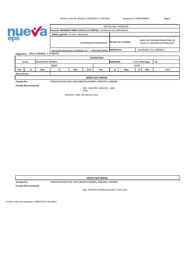 Incapacidad Original Nueva Eps | PDF | Especialidades Medicas ...