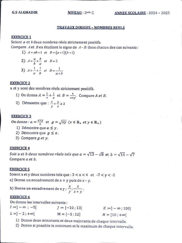 Travaux Dirigés sur Nombres Réels 2nde C | PDF | Mathématiques