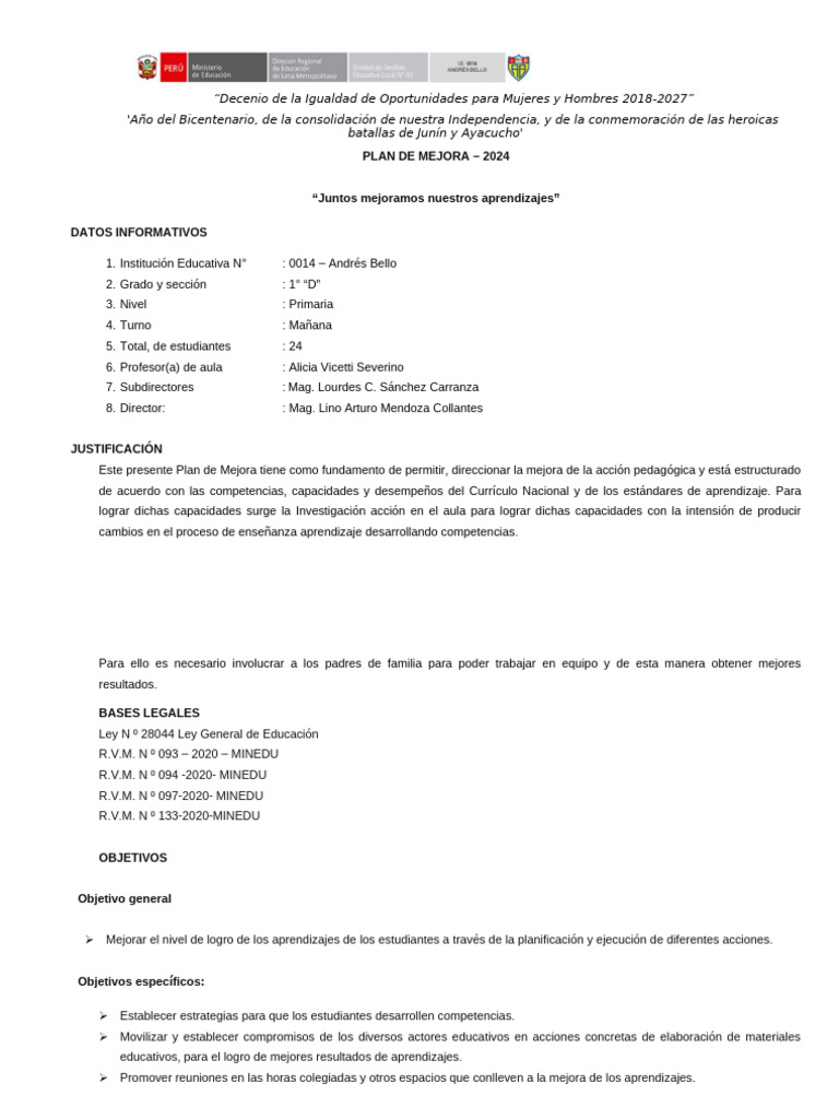 Plan de Mejora Primer Grado 2024 | PDF | Evaluación | Cognición