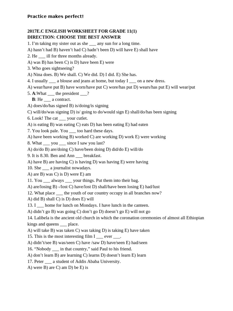 Grade 11 English Practice Worksheet | PDF