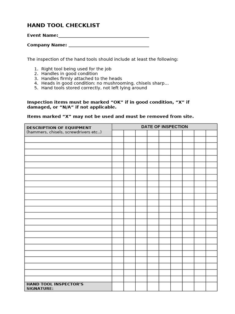 Hand Tool Inspection Checklist Guide | PDF