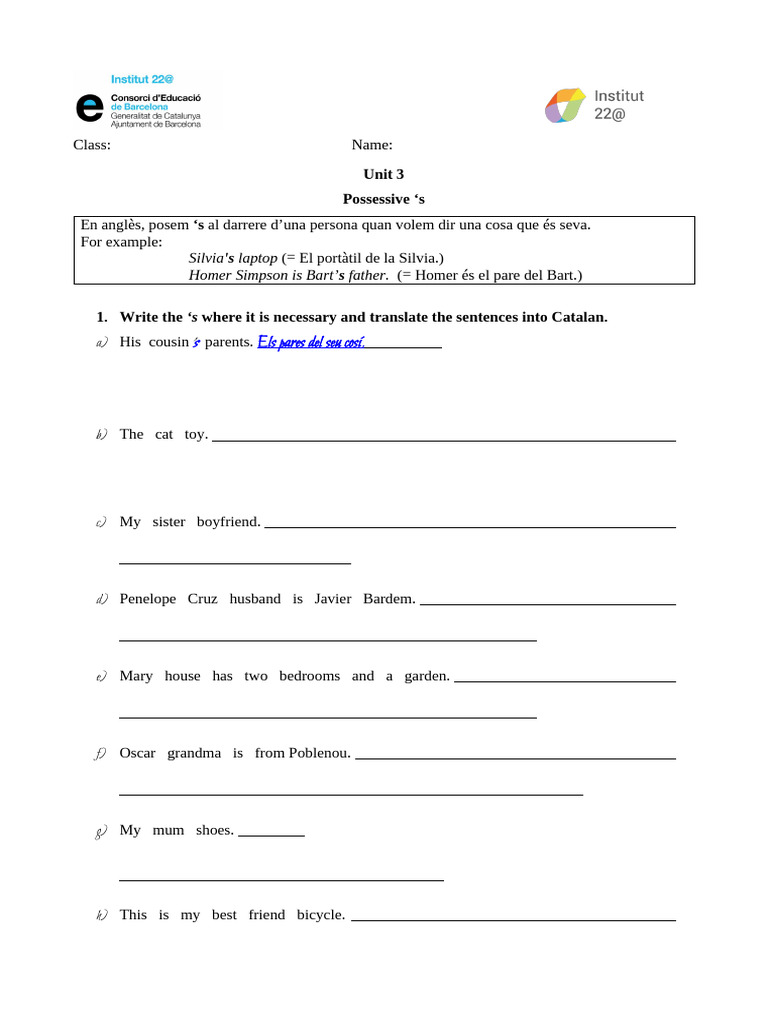 Ona Marmaneu - Unit 3 - Worksheet Saxon Genitive | PDF