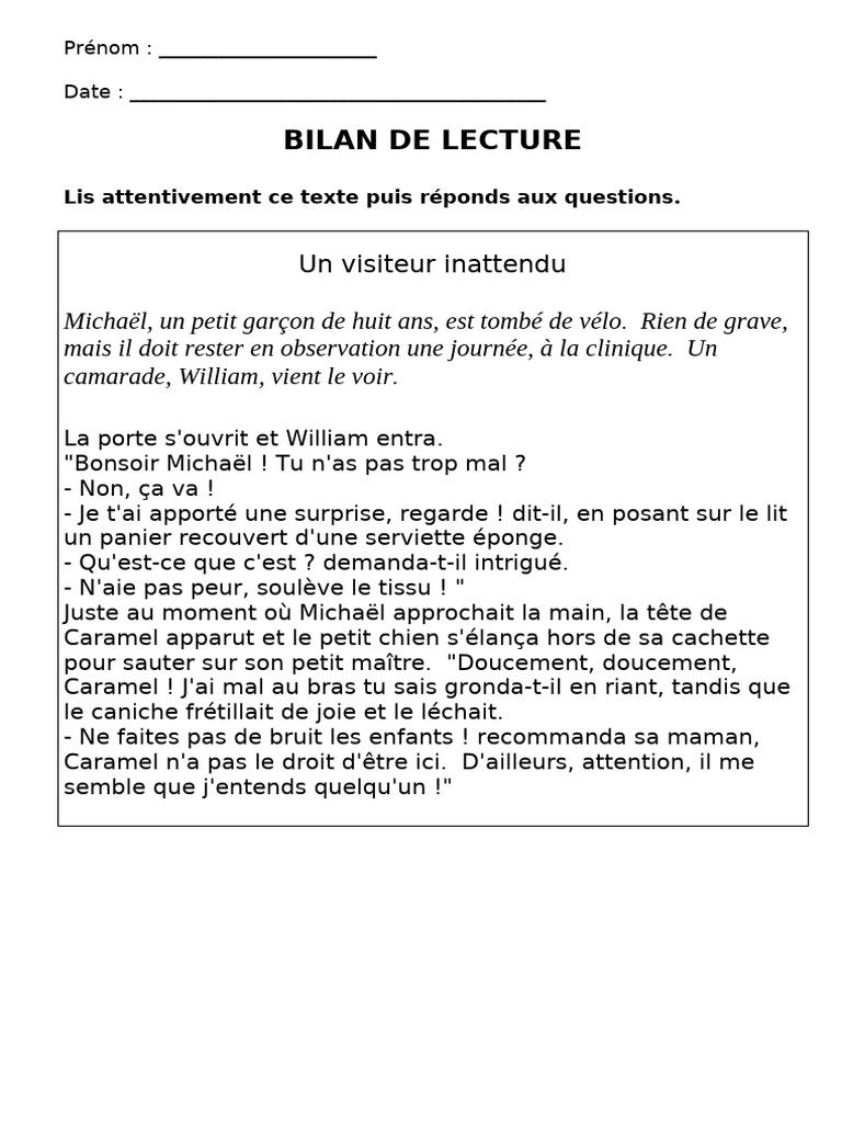 Bilan de lecture CE1 Un visiteur inattendu PDF — free download