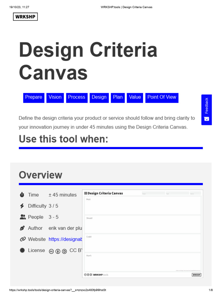 WRKSHP - Tools - Design Criteria Canvas | PDF | Cognition
