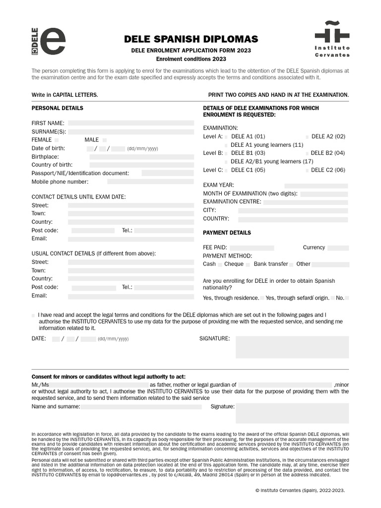 Application Form Dele Diploma 2023 Instituto Cervantes En Pdf