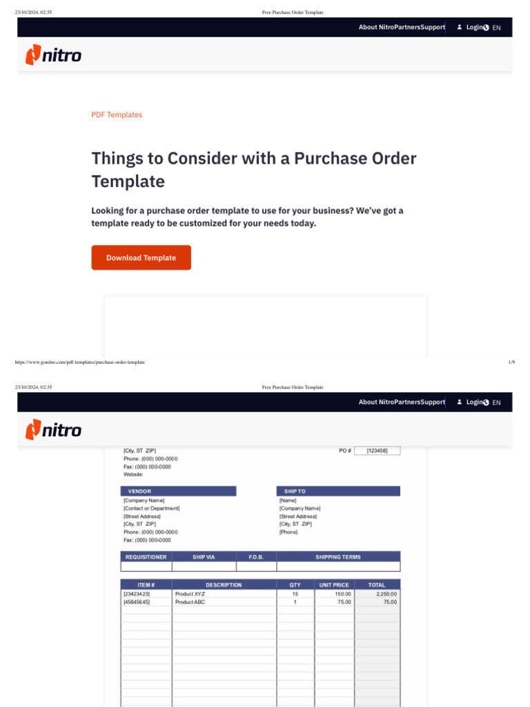 Free Purchase Order Template PDF Business