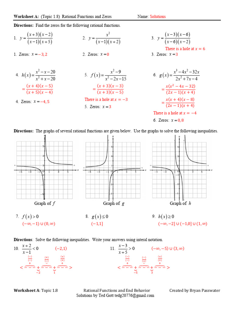 Rational Functions Worksheet A Answers | PDF | Mathematical Objects ...