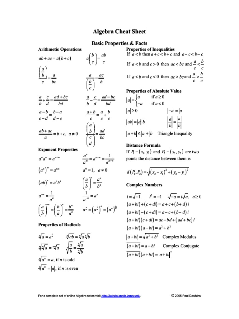 Algebra Cheat Sheet | PDF | Quadratic Equation | Abstract Algebra
