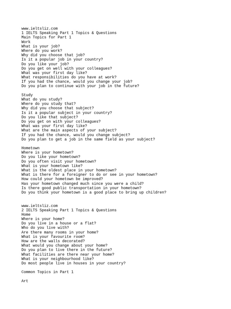 Ielts Speaking Part 1 Topics Questions Pdf Hobbies News