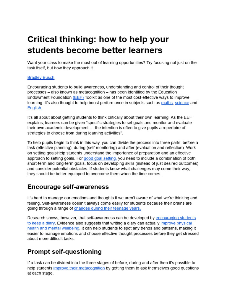 Critical Thinking - How To Help Your Students Become Better Learners ...
