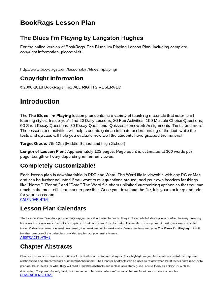 Bookrags Lesson Plan: The Blues I'M Playing by Langston Hughes | PDF ...