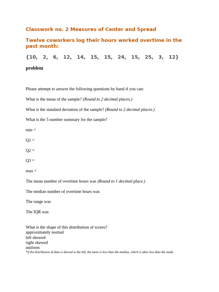 Classwork 2 Measures Of Center And Spread Pdf