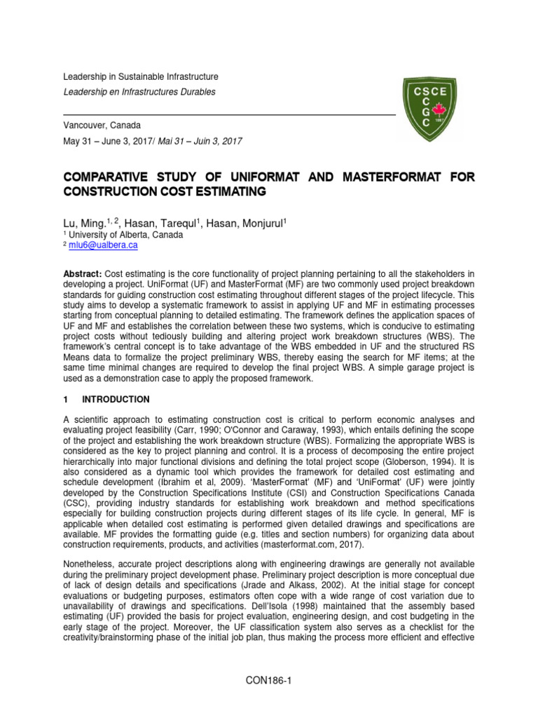 Cost Estimating Framework: UniFormat vs MasterFormat | PDF ...