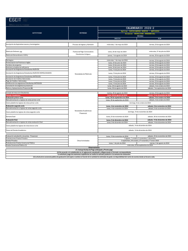 Calendario Academico 2024 2 Presencial 26062024 | PDF