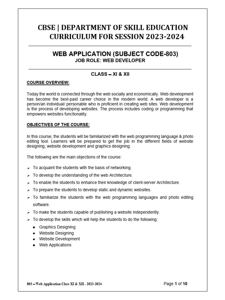 CBSE Class XI & XII Web Application Course | PDF | Websites | World ...