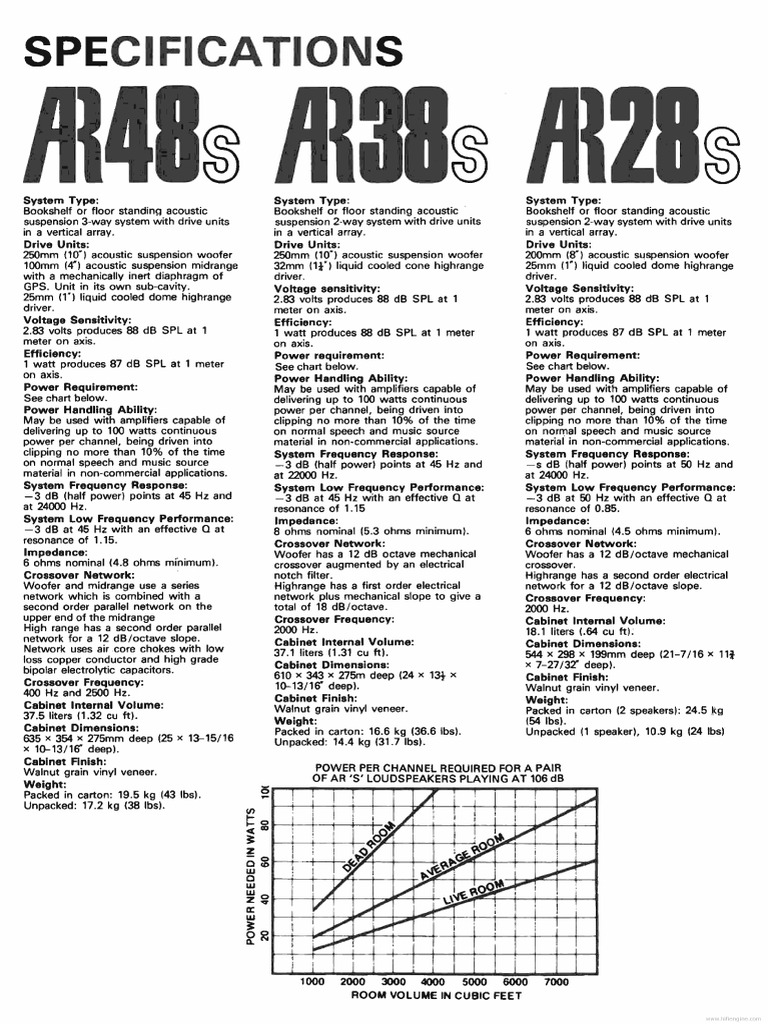 Hfe acoustic research ar 8s 18s 28s 38s 48s spec sheet en pdf