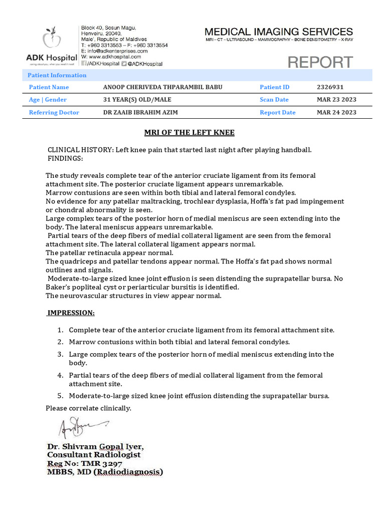 MRI Report: Left Knee ACL Tear | PDF