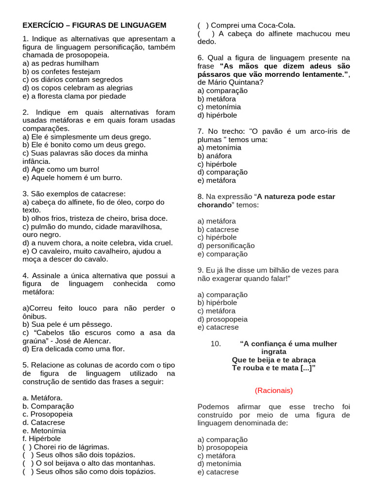 Figuras de Linguagem em Exercícios | PDF | Metáfora | Linguística