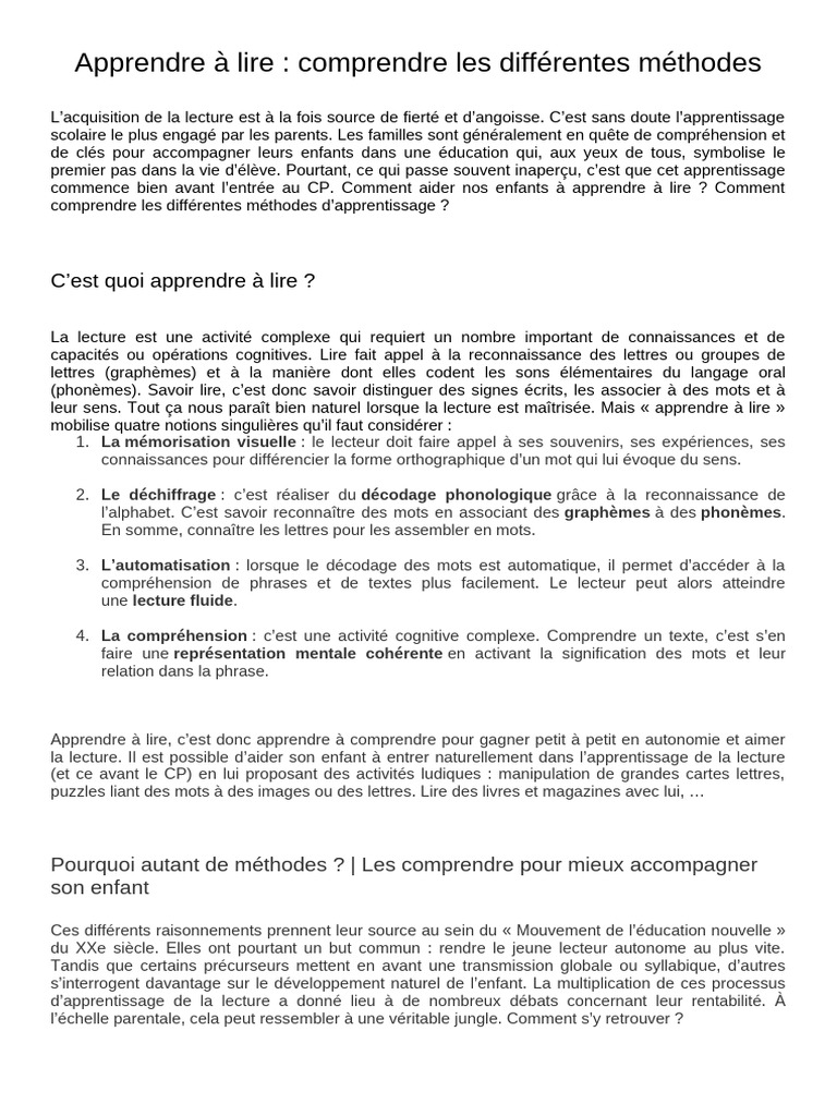 Méthodes d'apprentissage de la lecture | PDF | Apprentissage | Sciences ...