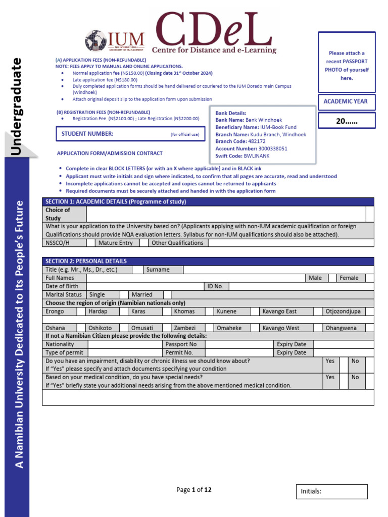 IUM Admission Application Form | PDF | Fee | University And College ...