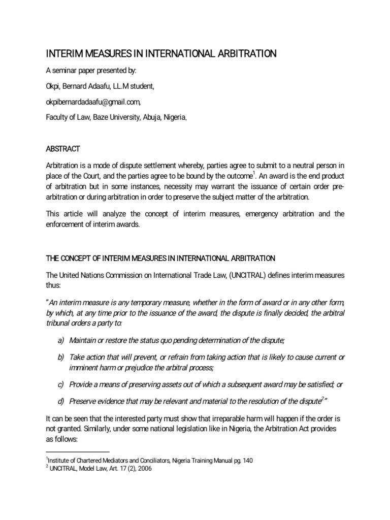 Interim Measures in Arbitration | PDF