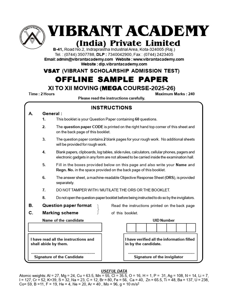 VSAT Sample Paper for Mega Course 2025-26 | PDF | Physical Chemistry ...