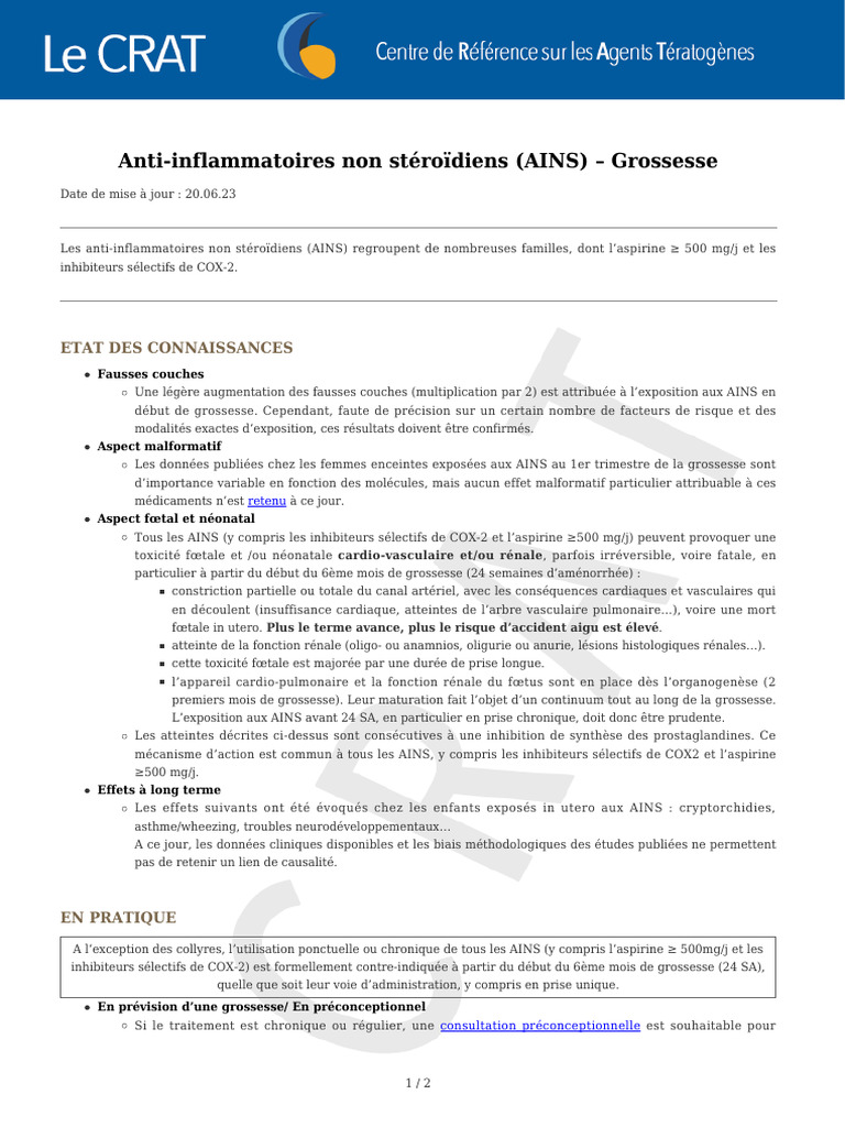 AINS et grossesse : risques et recommandations | PDF | Anti ...