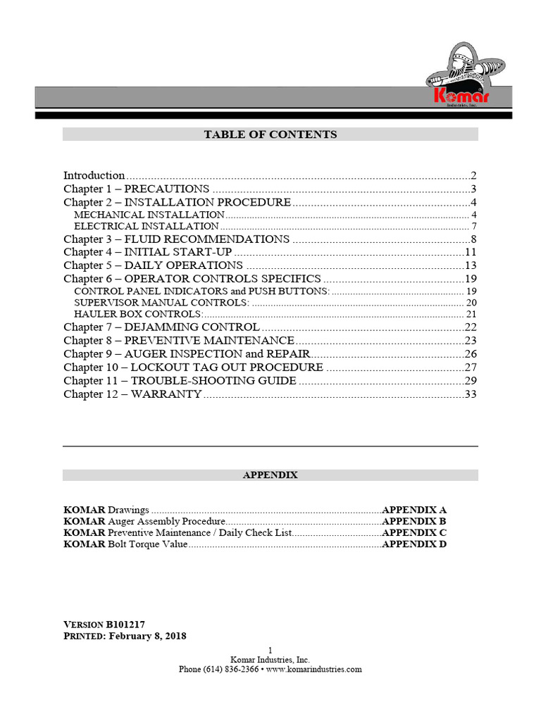 Komar Auger Compactor Installation Guide | PDF | Welding | Construction