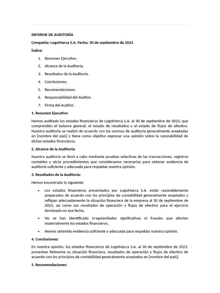 Ejemplo Informe Auditoria | PDF | Auditoría | Contralor